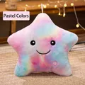 Star-shaped glowing plush pillow in gradient rainbow faux fur with smiling face - Pastel Star