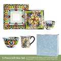 5-piece bohemian floral ceramic dinnerware set with square plates and bowls in a gift box - Square 5-Piece Gift Set