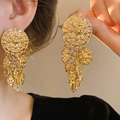 Vintage gold geometric drop earrings with embossed texture and dangling charms for women - Gold Round Tassel Vintage