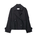 Korte zwarte trenchcoat voor dames, double-breasted met brede gespmanchetten en reverskraag - XS / Zwart