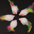 Five pack of plush toy mice with white fur and colorful feather tails for indoor cats - White Plush Mouse