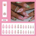 Französische Mandel-Drucknägel in Rosa und Grün mit 3D-Blumen und Goldperlen - Blühende Kamelie - Klebertyp (Z998)