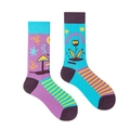 Asymmetric crew socks with colorful mushroom and sun patterns in purple and blue - Blue Purple Star Mushroom