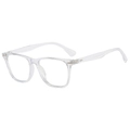 Modern square transparent frame glasses with rivets and clear lenses shown from 45-degree angle - Transparent Frame