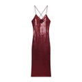 Robe caraco élégante à paillettes rouge foncé avec fleurs 3D et fines bretelles croisées - XS / Rouge