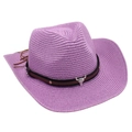Purple straw cowboy hat with a metal bull skull pendant and leather tassels detail - One Size / Light Purple