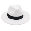 Detail of white wool felt fedora featuring a classic black grosgrain ribbon and bow - White
