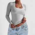 Women's Y2K style grey long sleeve square neck ribbed knit slim fit basic t-shirt - S / Mottled Grey