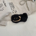 Close-up of black plush brooch with cat smile embroidery on rustic linen bag - Black Face Monster Smile (L52171) / Black