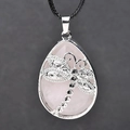 Pink teardrop natural stone pendant necklace with silver dragonfly and black cord - Rose Quartz