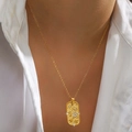 18K gold plated titanium steel necklace with engraved rectangular pendant and rhinestones - Relief Symbol Tag (DJN016GL)