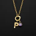 Elegant 14K gold plated stainless steel initial P necklace with purple crystal pendant charm - Letter P Style (Steel) / Silver