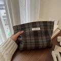 Vintage geruite wollen cosmetische tas met geweven label en rits - Grijs Koffie Grote Ruit