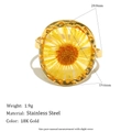 Anello ovale in acciaio inossidabile placcato oro 18K con inserto di margherita gialla - Aperto Regolabile / Anello Regolabile Margherita a Goccia d'Olio Ovale - Oro