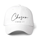 White cotton baseball cap with black Chosen 1 Peter 2:9 print and adjustable strap - One Size / White
