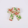 5cm beige Christmas burlap ribbon bow with golden edges and festive tree pattern - Linen Color Green Tree Red Letter / 15x15cm