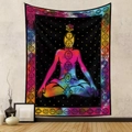 Bohemian yoga meditation tapestry featuring seven chakra symbols and mandala silhouette - Dark Chakra (Qml-05)