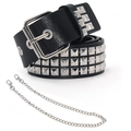 Black punk leather belt with square pyramid rivets and silver metal chain accessory - Black Style (With Waist Chain)