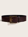 Detail of a dark brown wide belt with decorative stitching and a vintage brass buckle - 5.8CM Wide / Brown