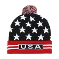 Detailed close-up of knit texture with USA text, stars, and red pom-pom on beanie - 56-58cm / Black White Star with Red USA (G)