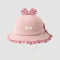 Detailansicht eines rosa Baby-Fischerhuts aus Cord mit gepunkteter Schleife und Spitze - 50cm / Rosa