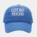 Detail of white CUTE BUT PSYCHO embroidery on blue cotton baseball cap crown - Adjustable / Blue