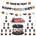 Complete Halloween party decoration set with banners, cake toppers and RIP tombstones - Halloween TRICK Combination Set (5-Piece Set)