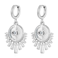 Silver stainless steel hoop earrings with evil eye fan pendant and clear zircon stones - Evil Eye With Rhinestones (MS-678) / Steel