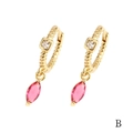 Detail view of 18K gold earrings with square zircon and pink marquise cut stone drop - Rose Red Marquise (ER1139)