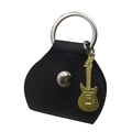 Macro detail of black leather guitar pick pouch with silver ring and gold charm - Black Pick Bag + Gold Guitar Pendant