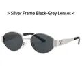 Oval metal sunglasses with silver frame, black grey lenses, and hollow temple design - Silver Frame Black Grey Lens