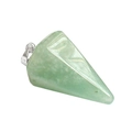 Macro shot of light green faceted crystal cone pendant with silver metal bail on white - Green Aventurine