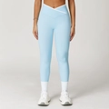 Lichtblauwe yoga legging met hoge taille, V-vormige tailleband en witte biesjes - L / Waterblauw