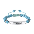 Verstellbares hellblaues Türkis-Perlenarmband mit gravierter Silberplatte und Herz-Anhängern - Türkis - Kinder Armband