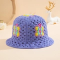 Handcrafted purple crochet bucket hat with colorful butterfly embroidery detail - One Size / Blue Butterfly Hat