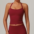 Deep red halter neck sports tank top with a tight cropped fit for yoga and fitness - S / Tops / Cherry Red