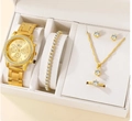 Luxury gold watch set for women including quartz watch, crystal necklace, and earrings - Gold Set 1 (Orange Box)