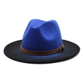 Close-up of royal blue and black wide brim fedora with brown leather band and buckle - Royal Blue + Black