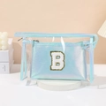 Iridescent blue makeup bag set with transparent PVC outer and large letter B patch - Light Blue [B]