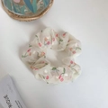 Beige sheer organza scrunchie with pink cherry floral patterns and elastic inner band - Ripe Cherry Yellow