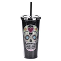 Black double-walled tumbler with sugar skull rhinestone pattern and black straw - 700ml / Black Style A