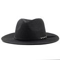 Detail of black straw fedora hat featuring a leather band with three gold studs - Black