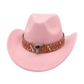 Detail of pink felt cowboy hat featuring silver bull skull ornament and braided rivet band - Pink