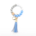 Silicone and wood bead keychain bracelet with grey marble blue beads and leather tassel - 9 Blue