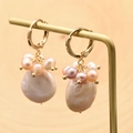 Baroque natural pearl drop earrings with elegant gold hooks and multicolor pearl clusters - White Pink Purple Pearl Cluster Earrings