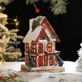 Lighted wooden Christmas house decoration with snow and plaid accents, 33cm tall - Pine Cone Snow House Style B Battery Model