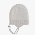 Winter light grey wool knit earflap beanie with drawstring ties and metal tips - One Size / Beige