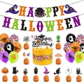 Detailed Halloween party set with Happy Halloween banners, cake toppers, and colorful balloons - Halloween Decoration Set Type 4