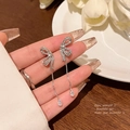 Silver bow knot earrings with long tassels and sparkling zircon pendants for women - Silver Bowknot Tassel Teardrop