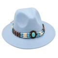 Detail of light blue fedora hat with ethnic turquoise beaded band and bronze setting - One Size / Sky Blue